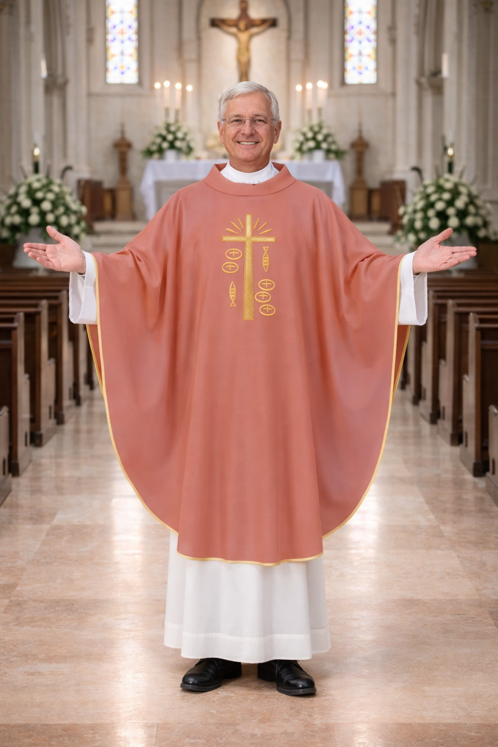Priest in a church wearing a pink liturgical vestment with a cross emblem.