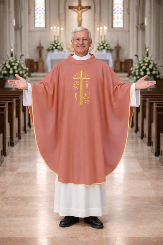 Priest in a church wearing a pink liturgical vestment with a cross emblem.