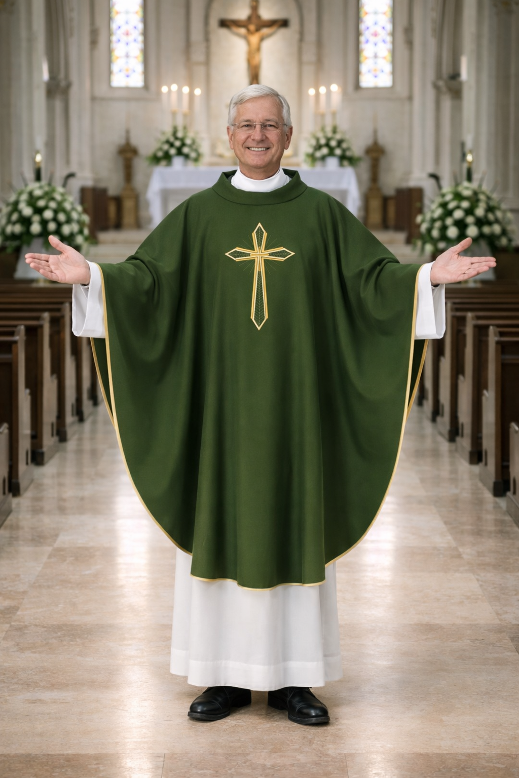 Priest in a green vestment with a gold cross in a church setting
