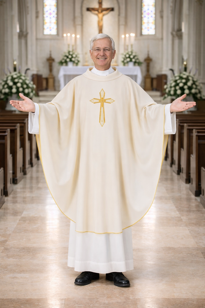 Priest in a white robe with a gold cross in a church setting