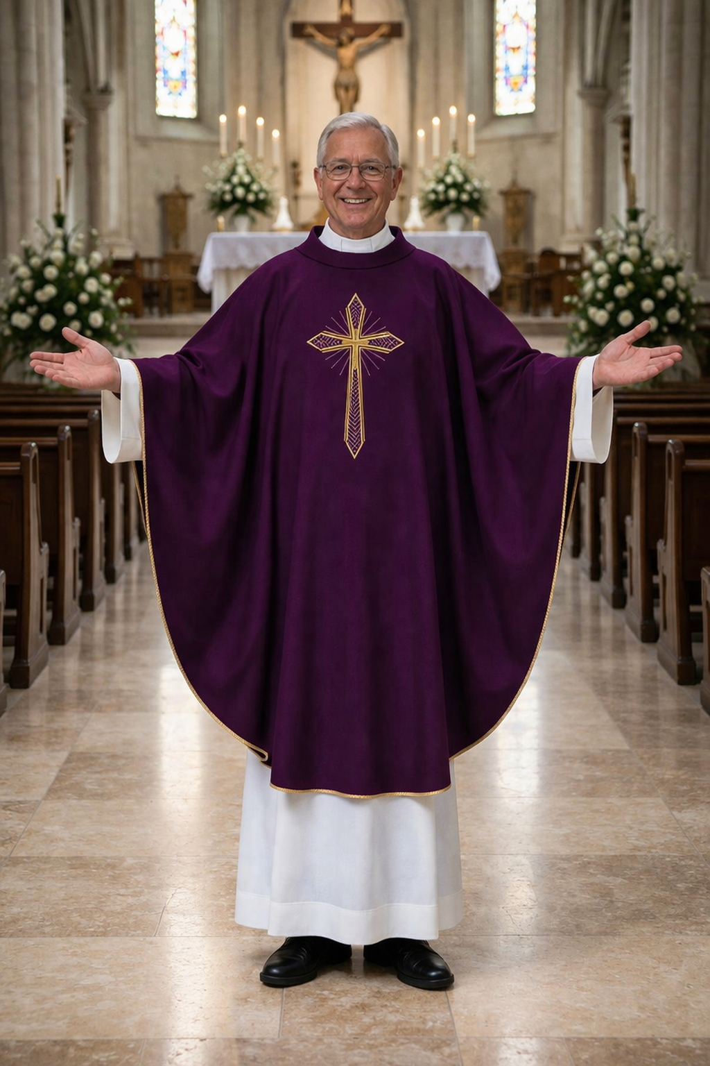 Priest in purple vestment with gold cross in a church setting