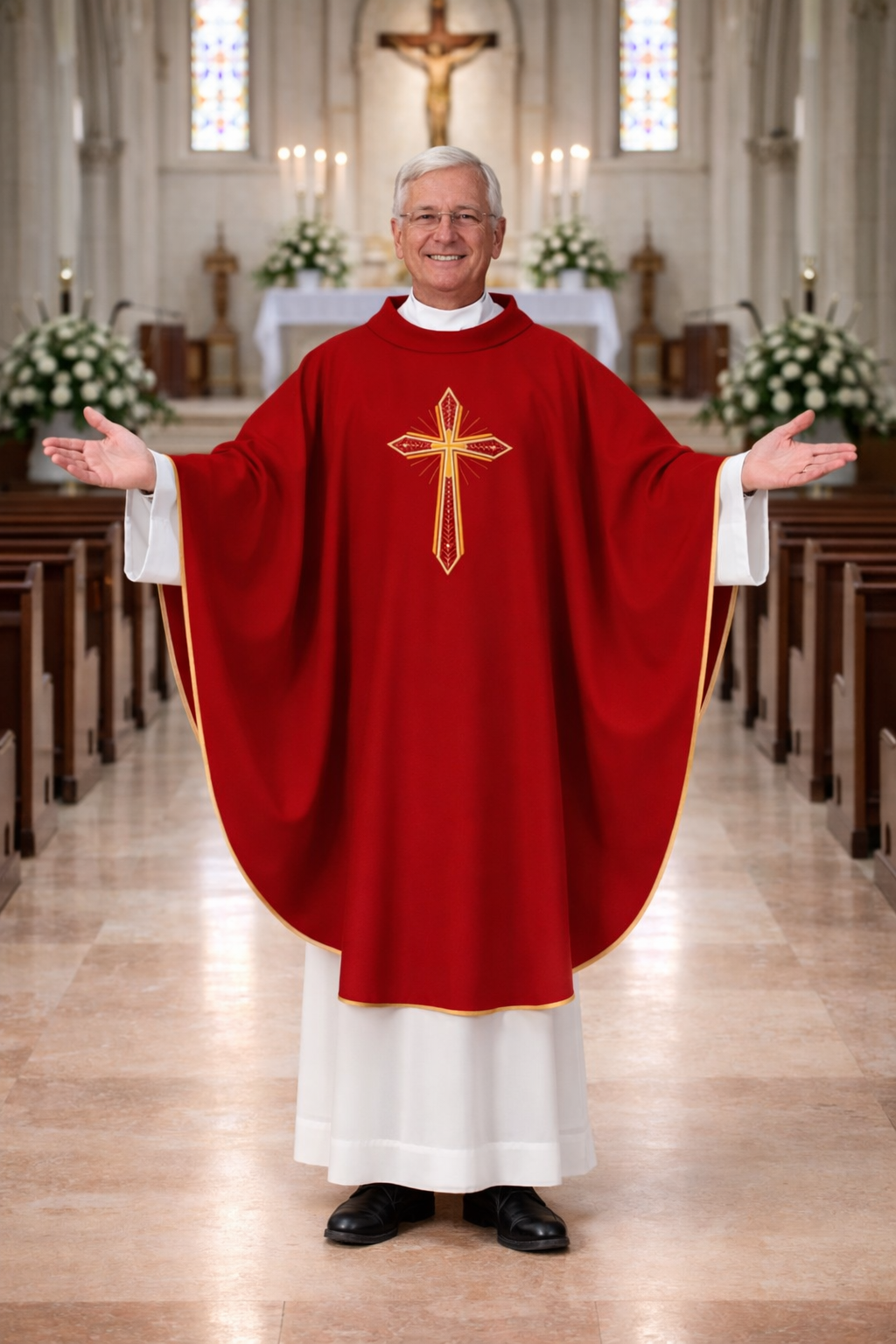 Priest in red liturgical vestment with cross symbol in a church setting