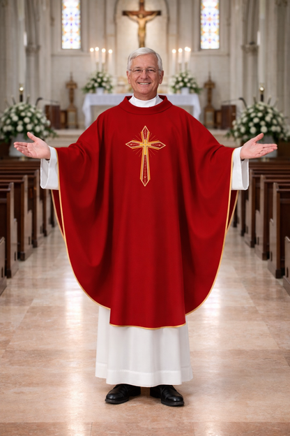 Priest in red liturgical vestment with cross symbol in a church setting