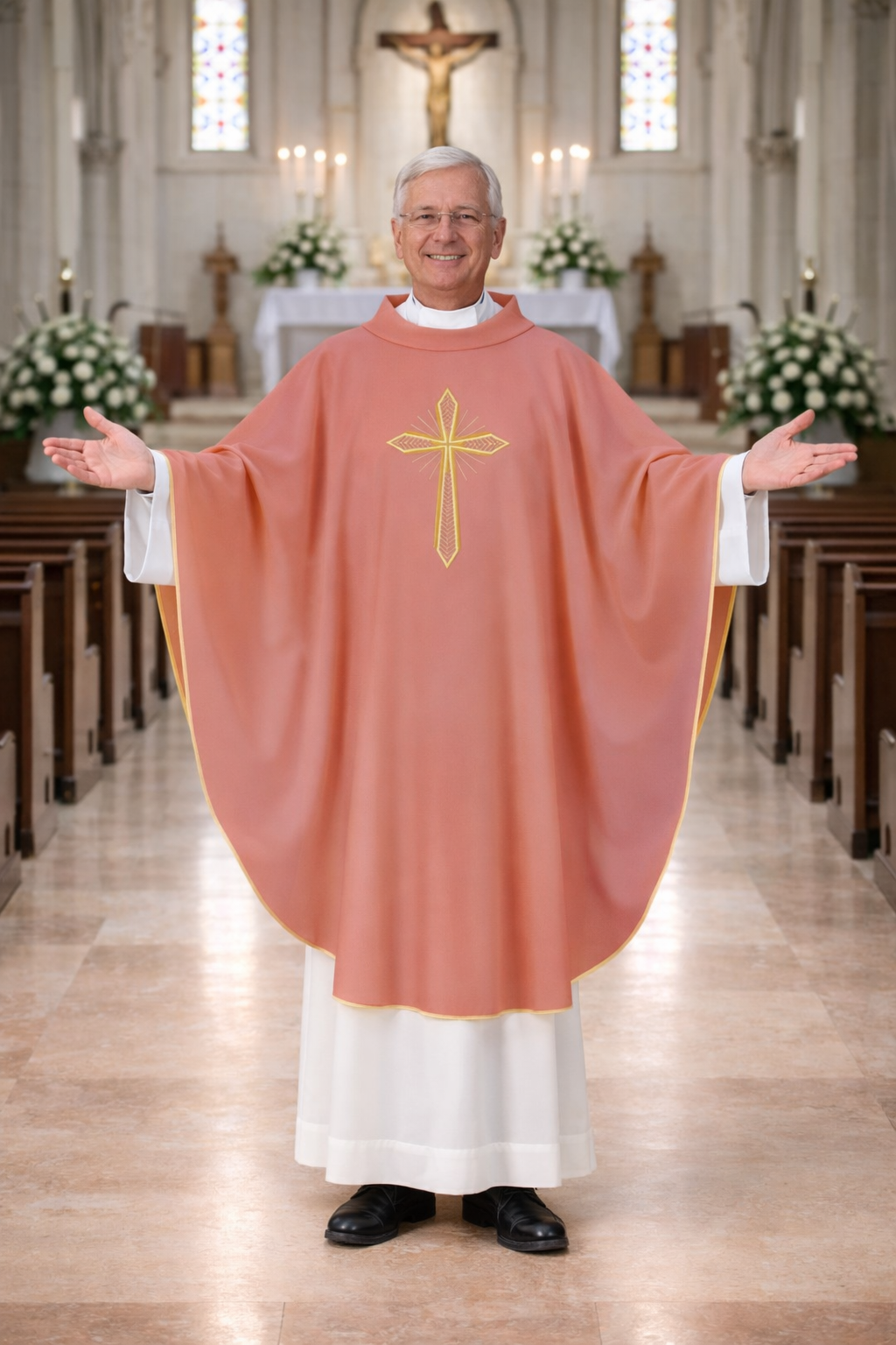 Priest in a pink chasuble with a cross emblem in a church setting
