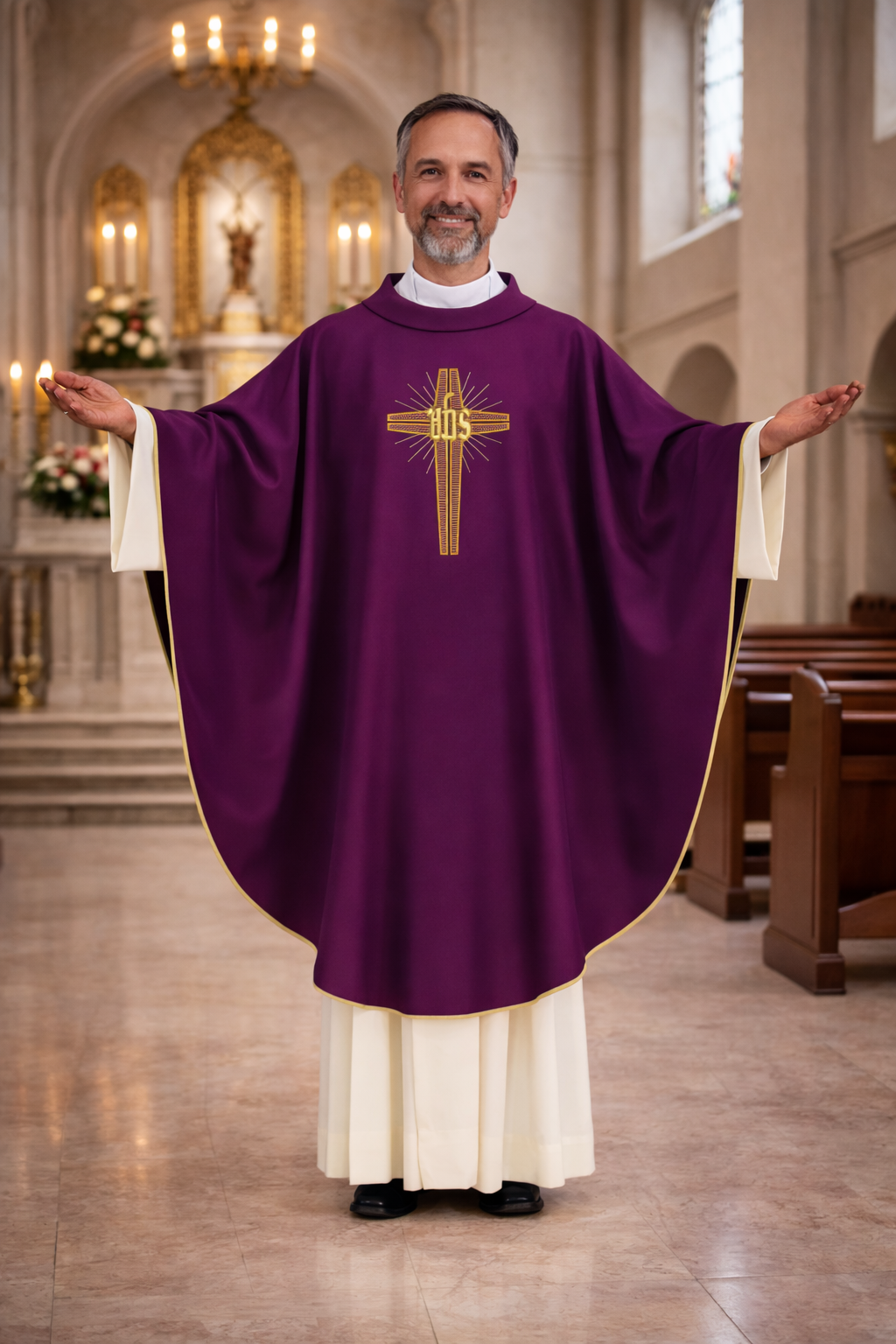 Priest in a purple vestment with a gold cross in a church setting