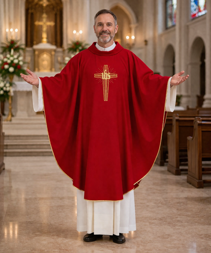 Priest in red liturgical vestment with cross design in a church setting