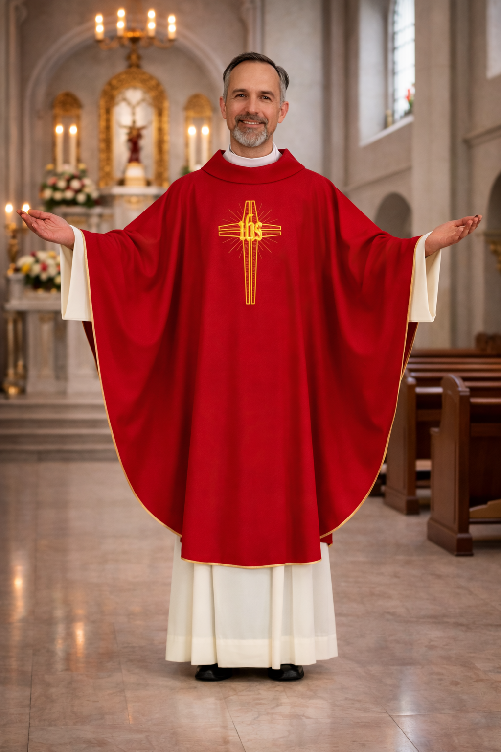 Priest in red liturgical vestment with cross design in a church setting