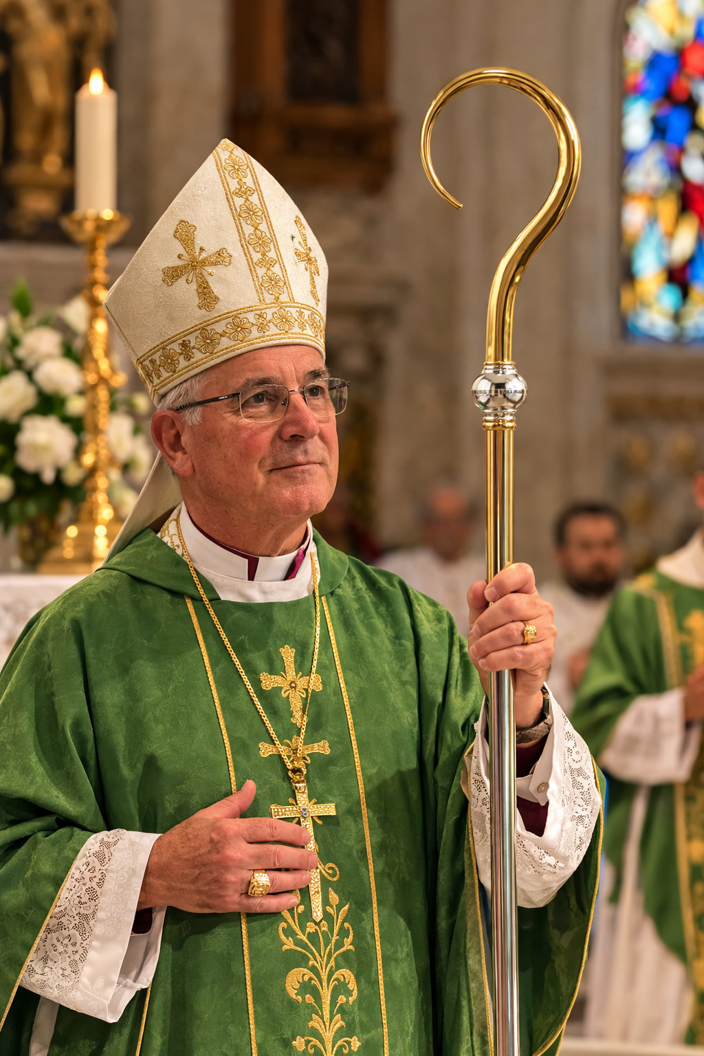 Ornate Catholic bishop crozier pastoral staff with decorative crook and gold detailing used during episcopal liturgical celebrations.