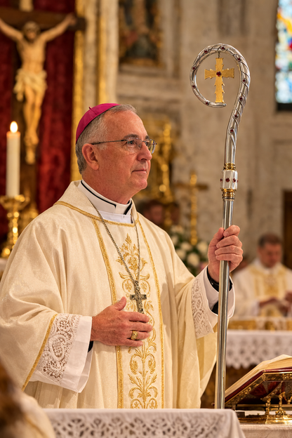Ornate Catholic bishop crozier pastoral staff with decorative crook and gold detailing used during episcopal liturgical celebrations.