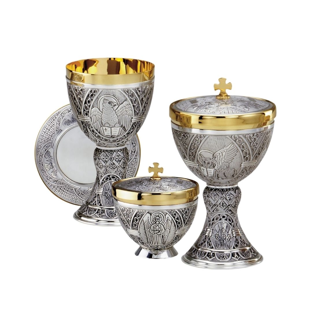 Chalice and Ciborium Set hand chiseled images of the Saints. By Desta Italy and sold by The Clergy Store