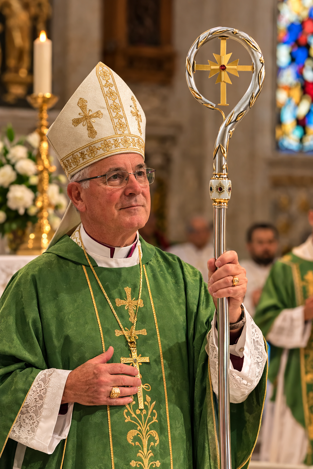 Ornate Catholic bishop crozier pastoral staff with decorative crook and gold detailing used during episcopal liturgical celebrations.