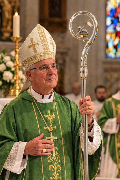 Ornate Catholic bishop crozier pastoral staff with decorative crook and gold detailing used during episcopal liturgical celebrations.
