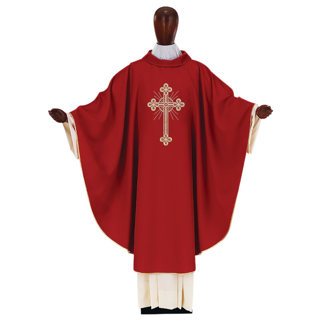 Liturgical red chasuble with an embroidered cross.