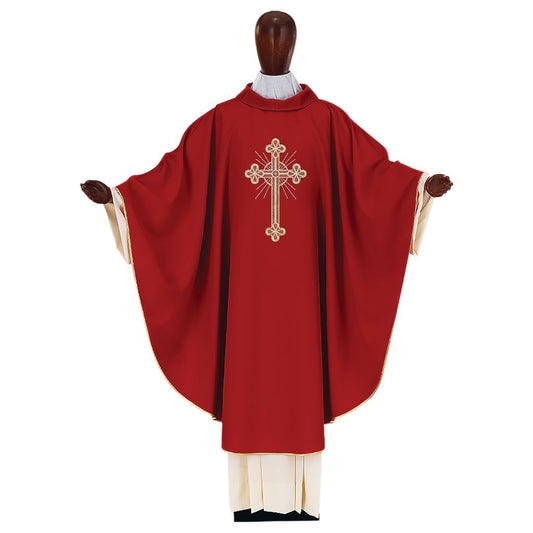 Liturgical red chasuble with an embroidered cross.