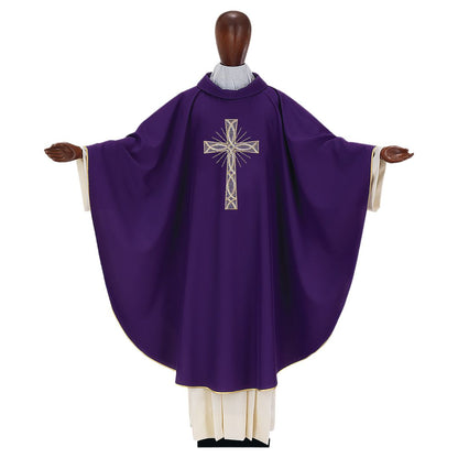 Liturgical purple chasuble with an embroidered cross.