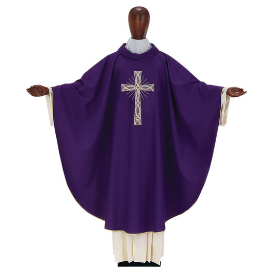 Liturgical purple chasuble with an embroidered cross.