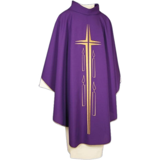 Advent chasuble with cross and candles and roll collar. Made in Italy and Sold by The Clergy Store