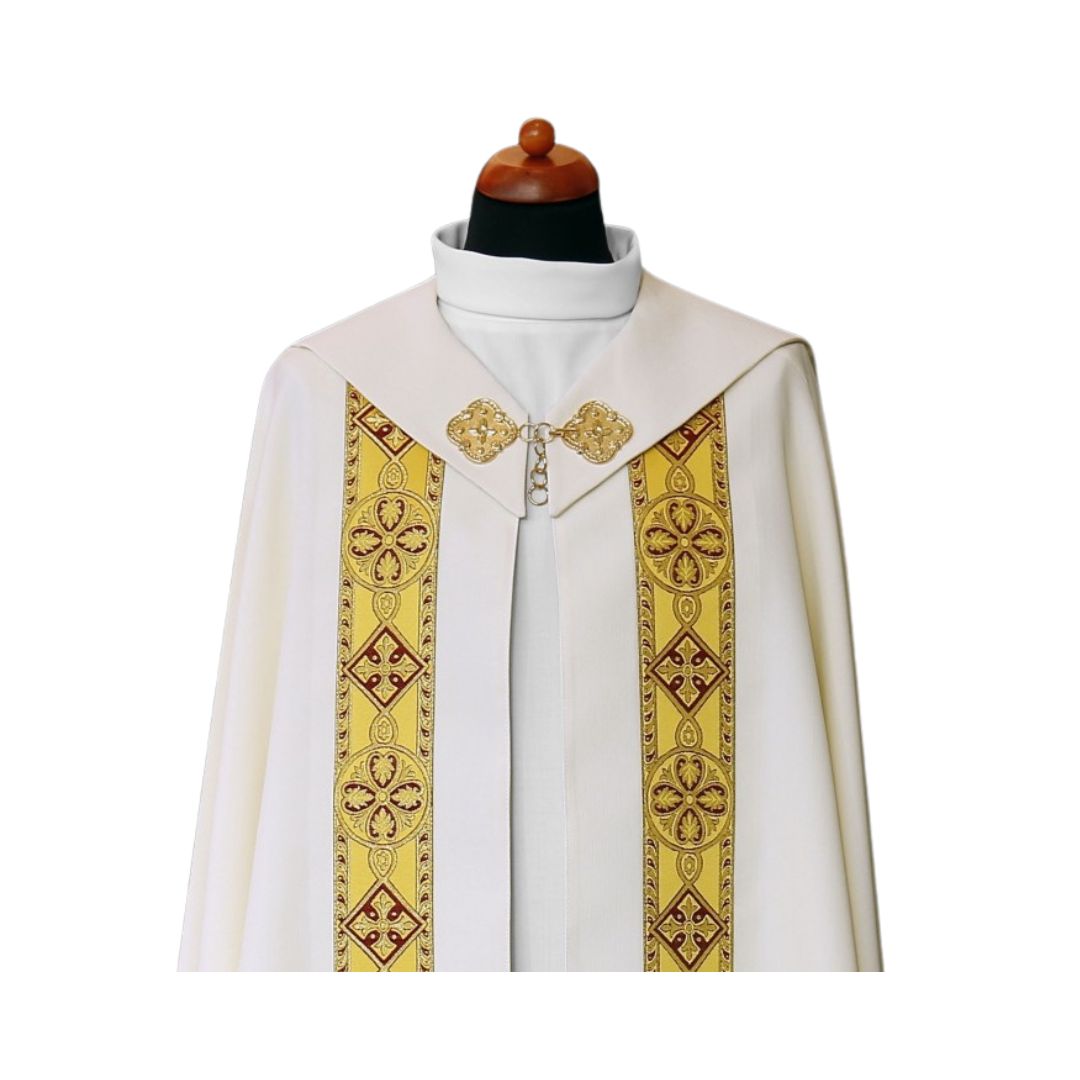 Cope with brocade bands and IHS embroidery made in Poland and sold by The Clergy Store