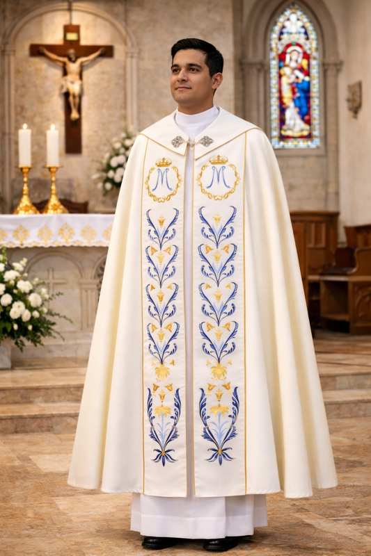 Priest in a white Marian liturgical cope with embroidered designs in a church setting.