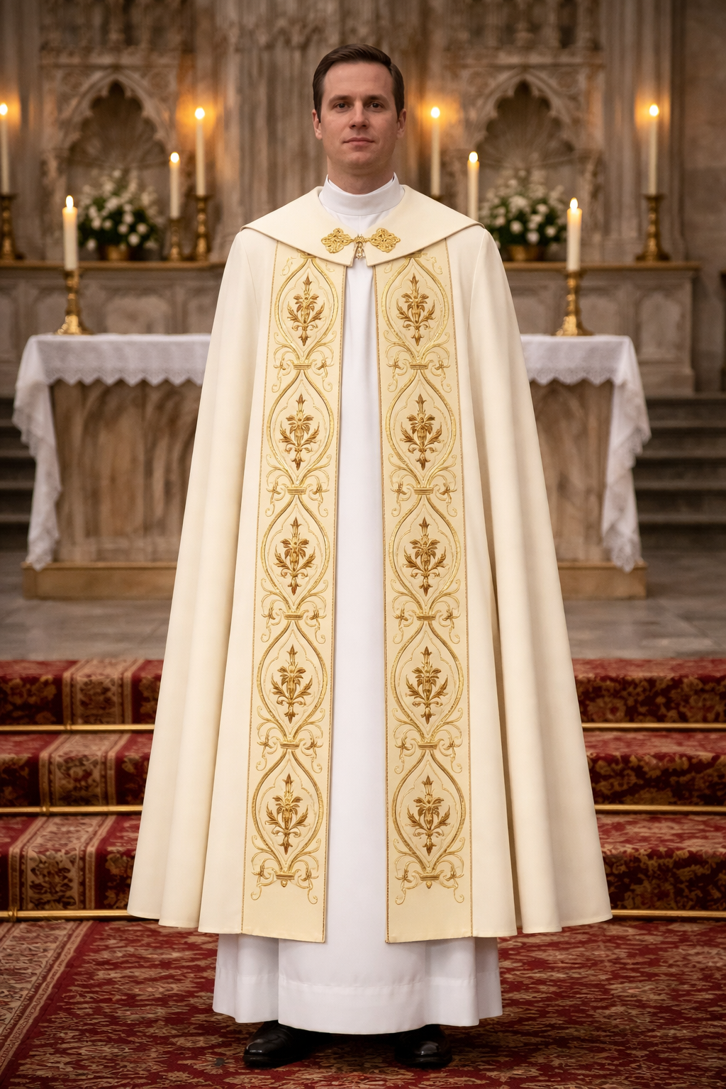 Priest in ornate vestment standing in a church with altar and candles in the background