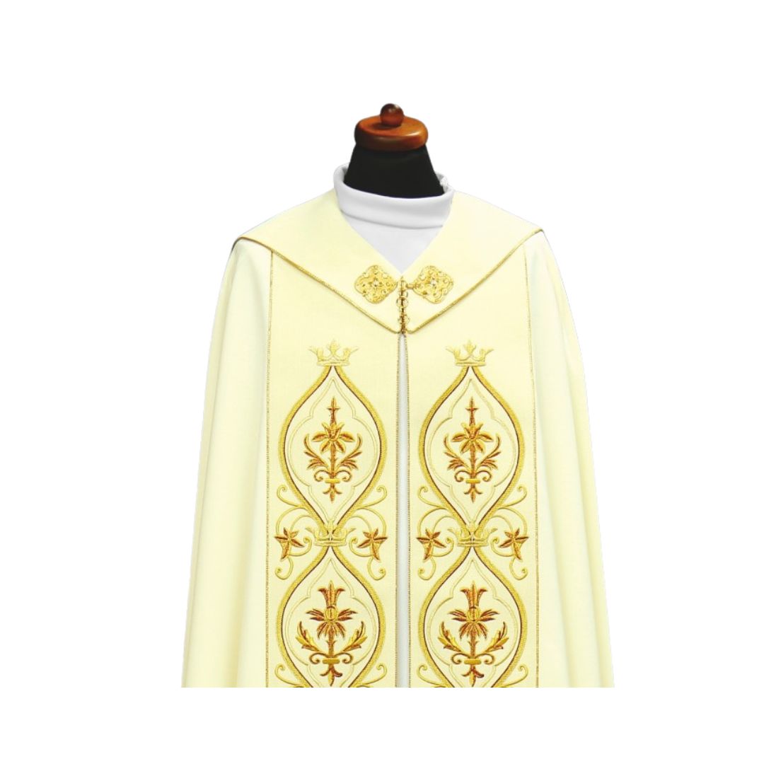 Liturgical cope vestment with IHS. Made in Poland and sold by The Clergy Store