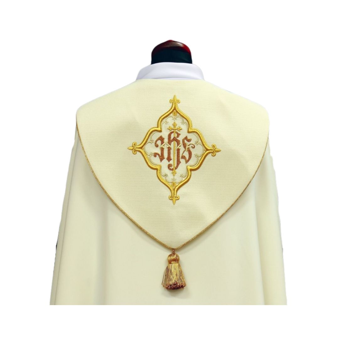 Liturgical cope vestment with IHS. Made in Poland and sold by The Clergy Store