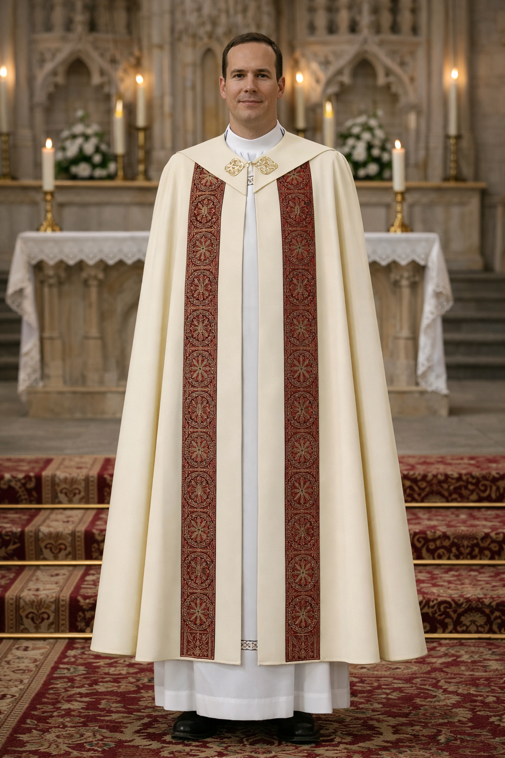 Priest in a ivory cope liturgical vestment standing in a church.