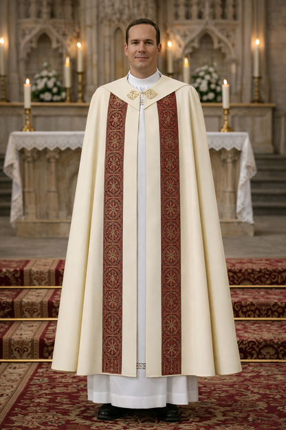 Priest in a ivory cope liturgical vestment standing in a church.