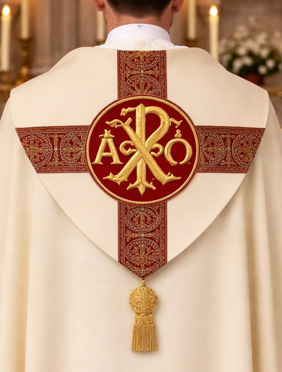 Ecclesiastical vestment with a prominent cross symbol on a red background