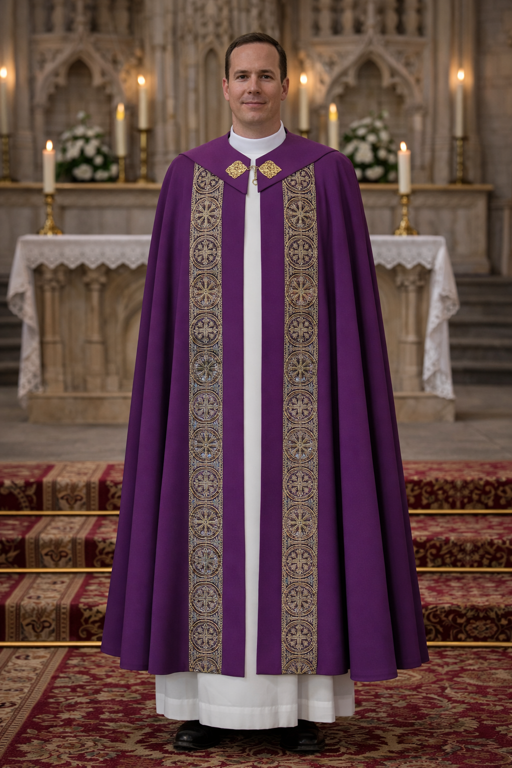 Priest in purple liturgical vestment standing in a church setting with an altar in the background.