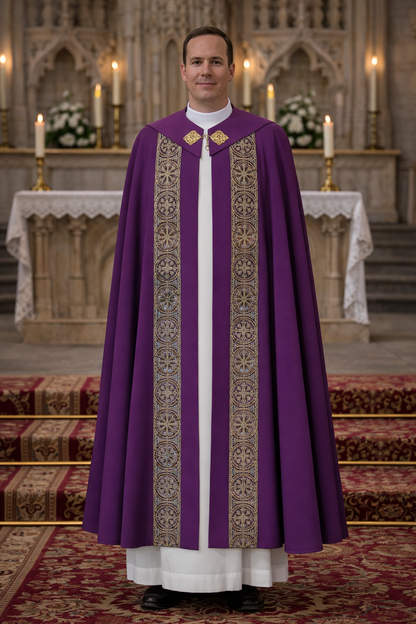 Priest in purple liturgical vestment standing in a church setting with an altar in the background.