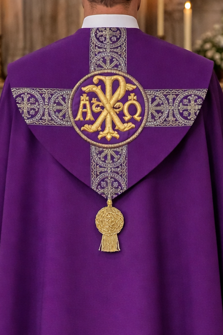 Person wearing a purple liturgical vestment with a gold emblem in a church setting.