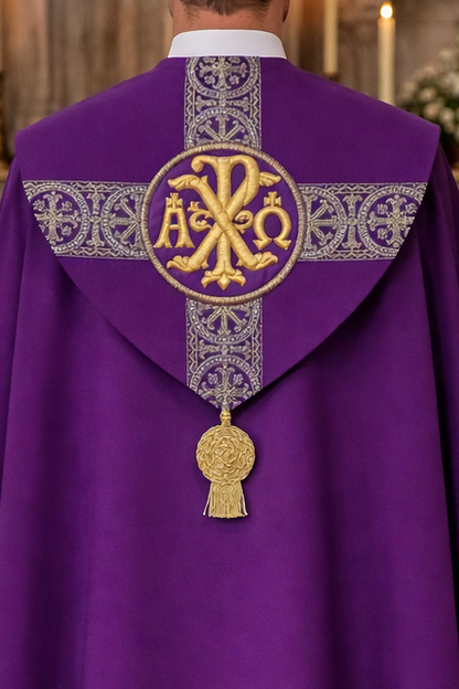 Person wearing a purple liturgical vestment with a gold emblem in a church setting.