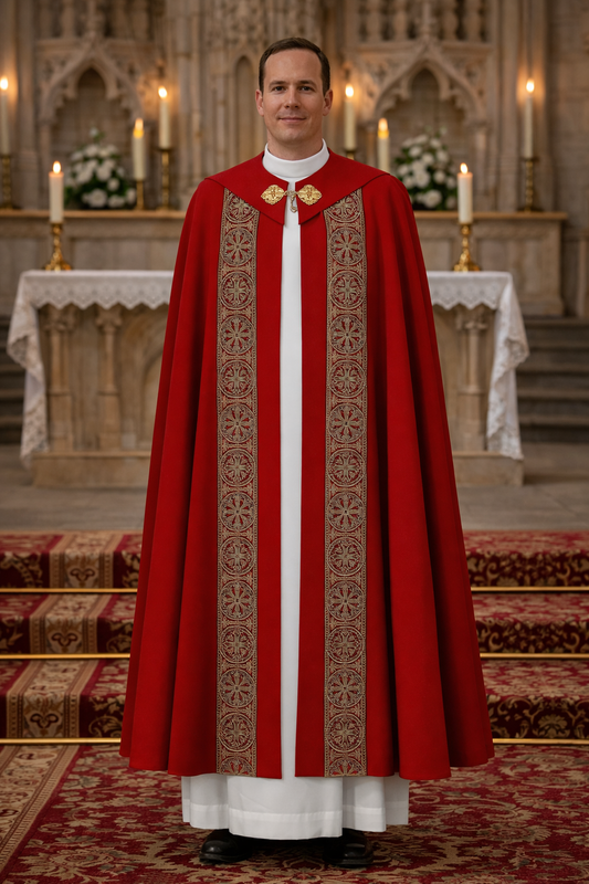 Priest in red liturgical vestment standing in a church with an altar in the background