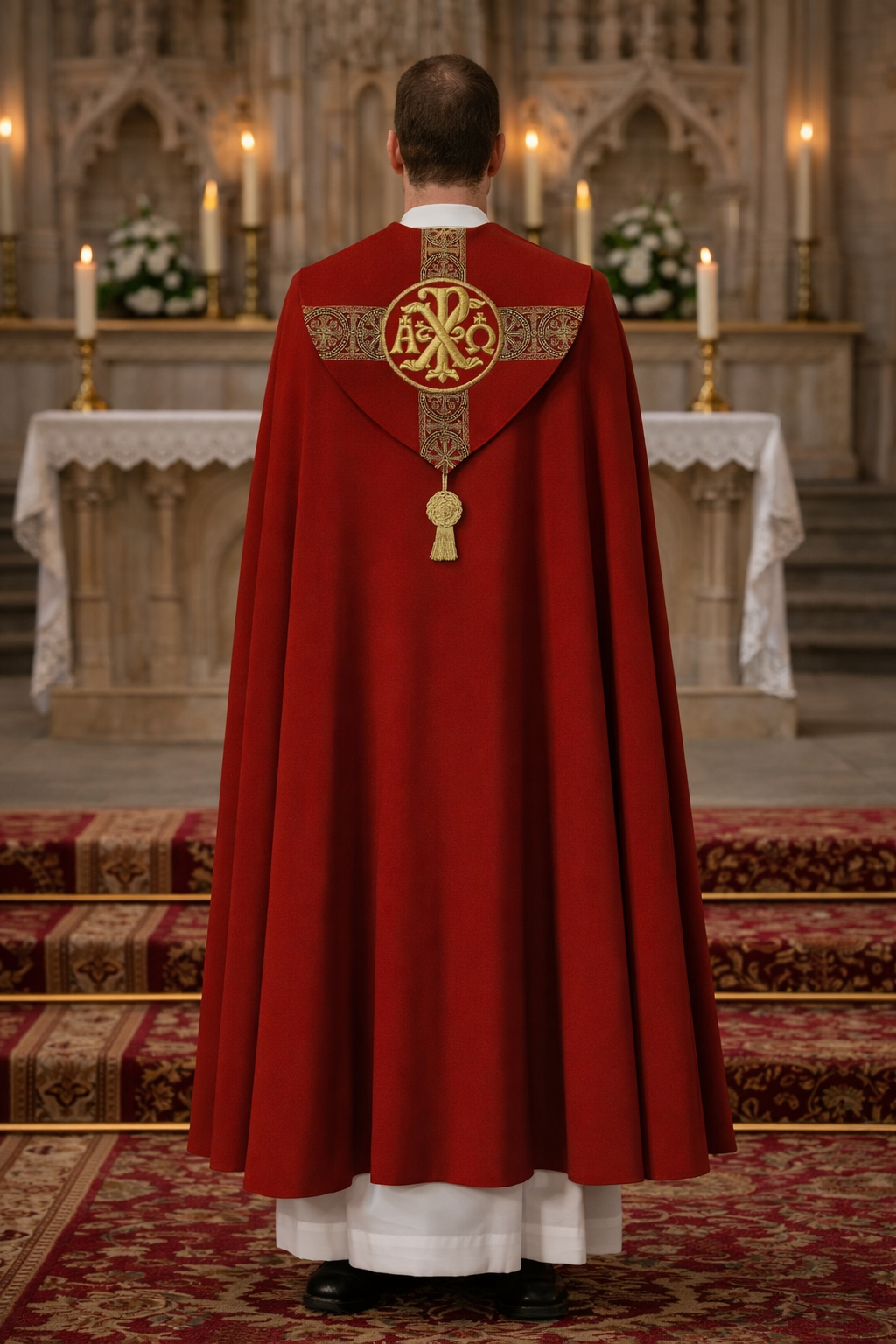 Pastor wearing a red liturgical vestment with a gold cross in a church setting