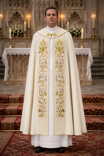 Priest in ornate cope and stole standing in a church setting with an altar in the background.