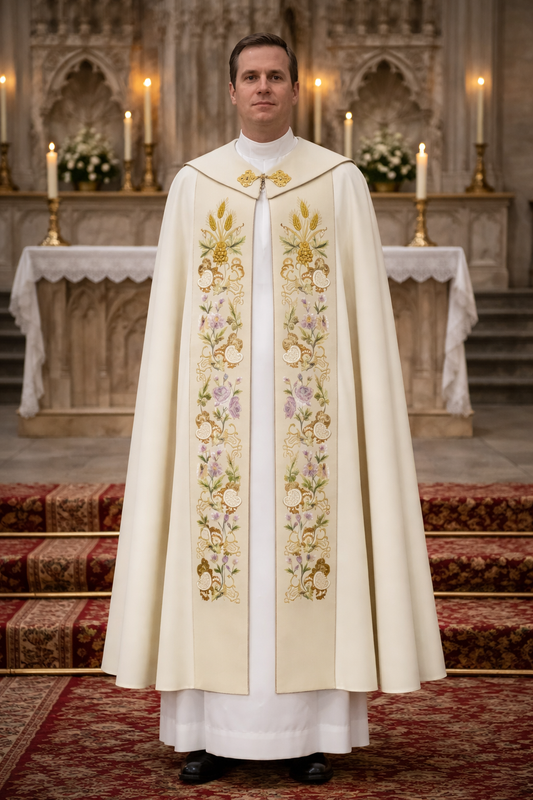 Priest in ornate cope and stole standing in a church setting with an altar in the background.