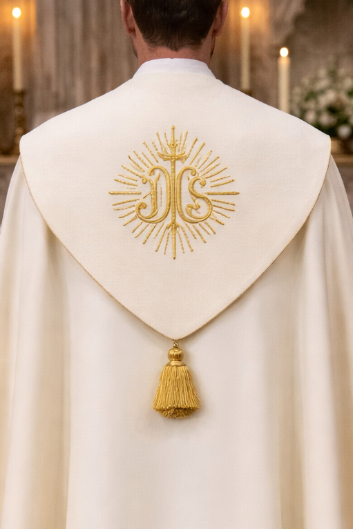 Priest wearing a white cope with a gold IHS emblem in a church setting