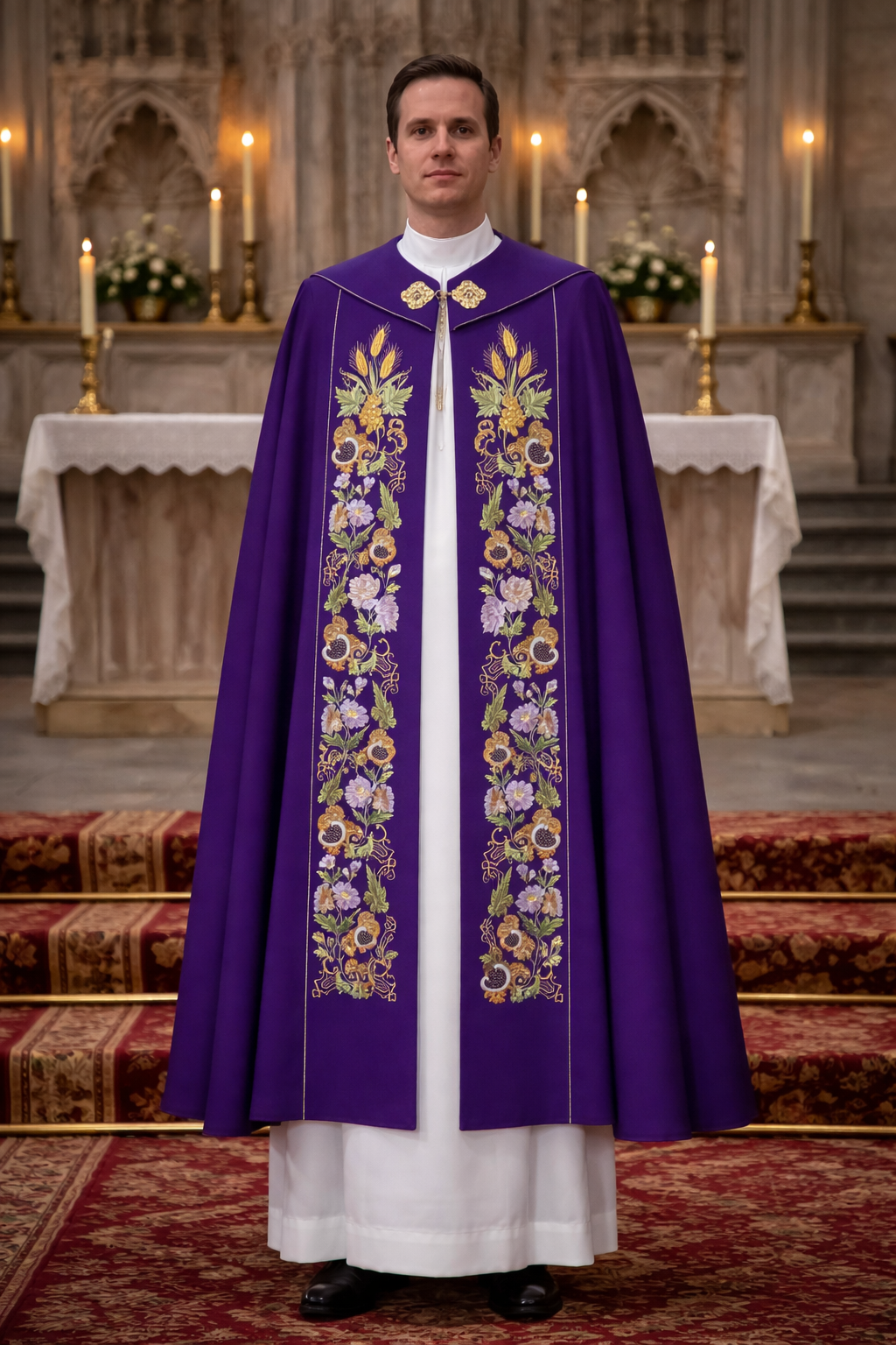 Priest in a purple liturgical cope vestment with floral patterns standing in a church.