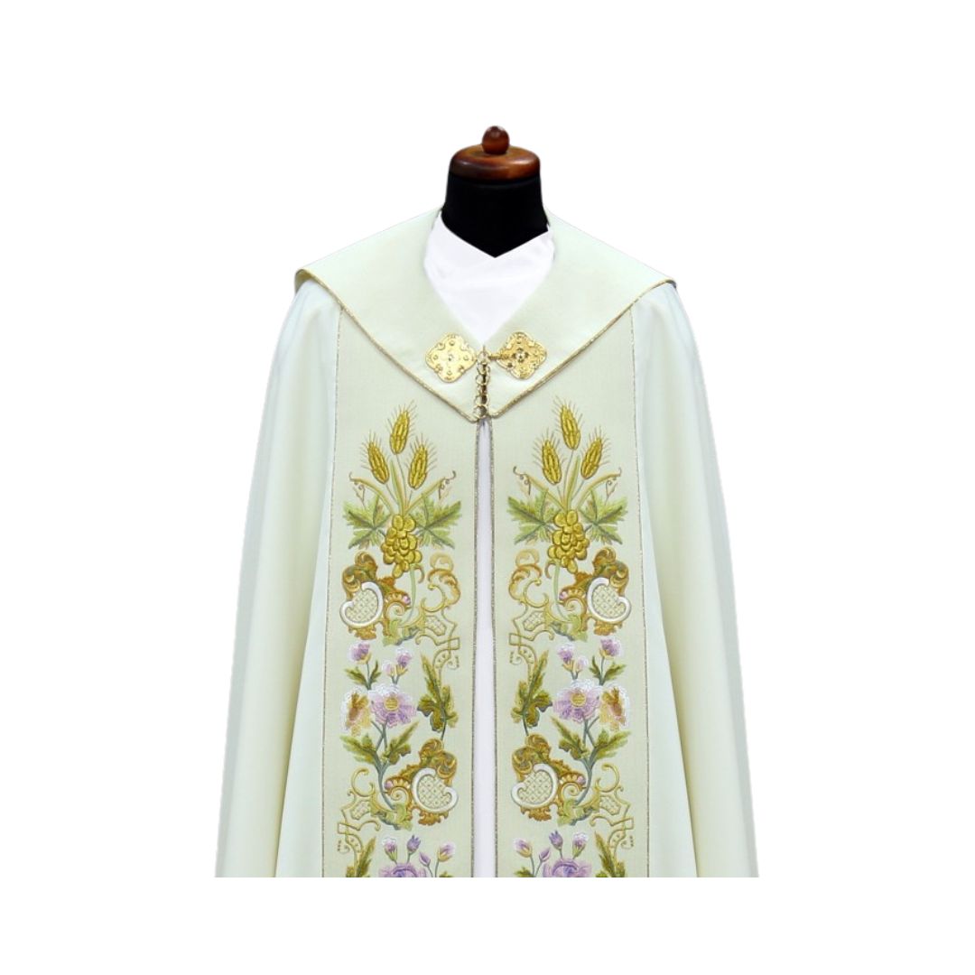 Liturgical cope vestment with Eucharist and IHS design. Made in Poland and sold by The Clergy Store