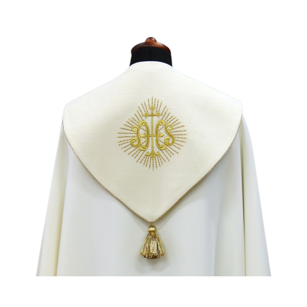 Liturgical cope vestment with Eucharist and IHS design. Made in Poland and sold by The Clergy Store