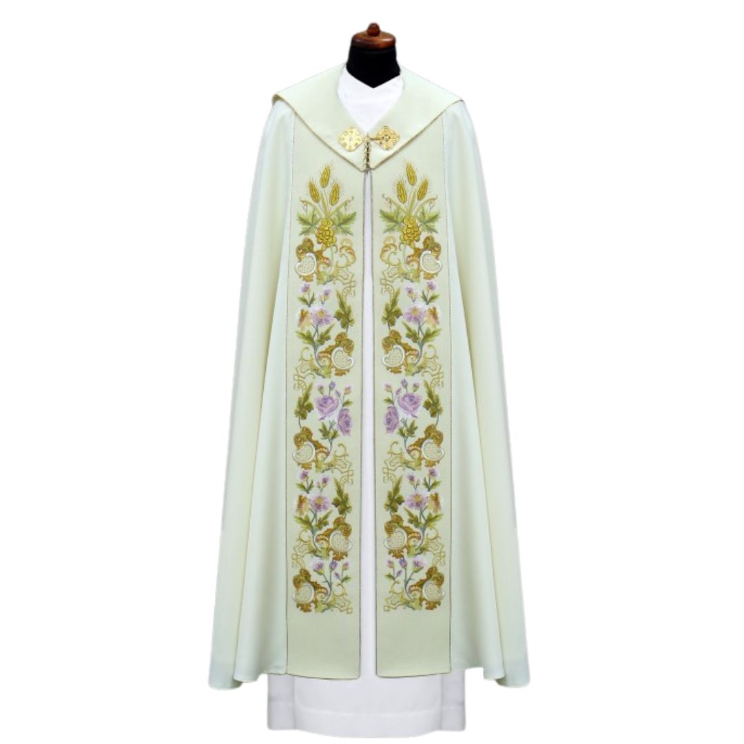 Liturgical cope vestment with Eucharist and IHS design. Made in Poland and sold by The Clergy Store