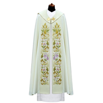 Liturgical cope vestment with Eucharist and IHS design. Made in Poland and sold by The Clergy Store