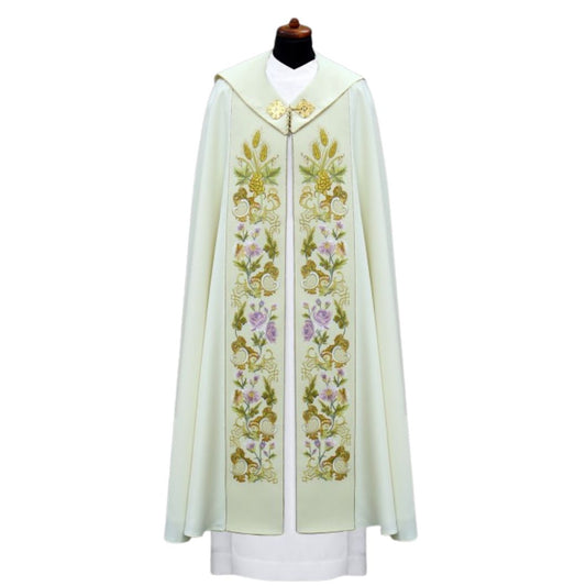 Liturgical cope vestment with Eucharist and IHS design. Made in Poland and sold by The Clergy Store