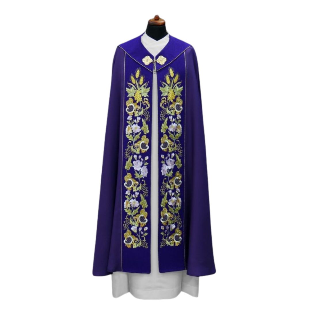 Liturgical cope vestment with Eucharist and IHS design. Made in Poland and sold by The Clergy Store