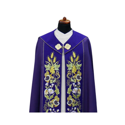 Liturgical cope vestment with Eucharist and IHS design. Made in Poland and sold by The Clergy Store