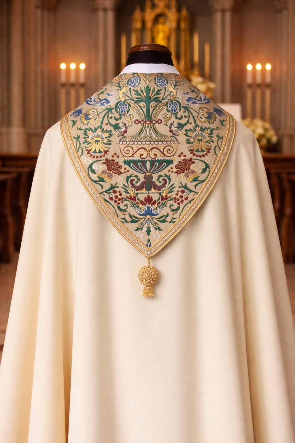 Ecclesiastical  cope vestment with coronation hood and tassel .