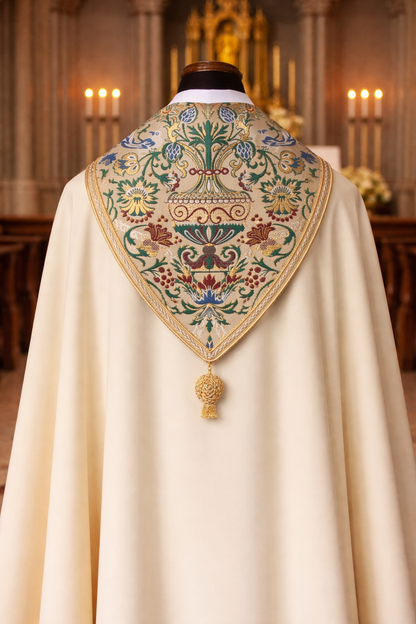 Ecclesiastical  cope vestment with coronation hood and tassel .