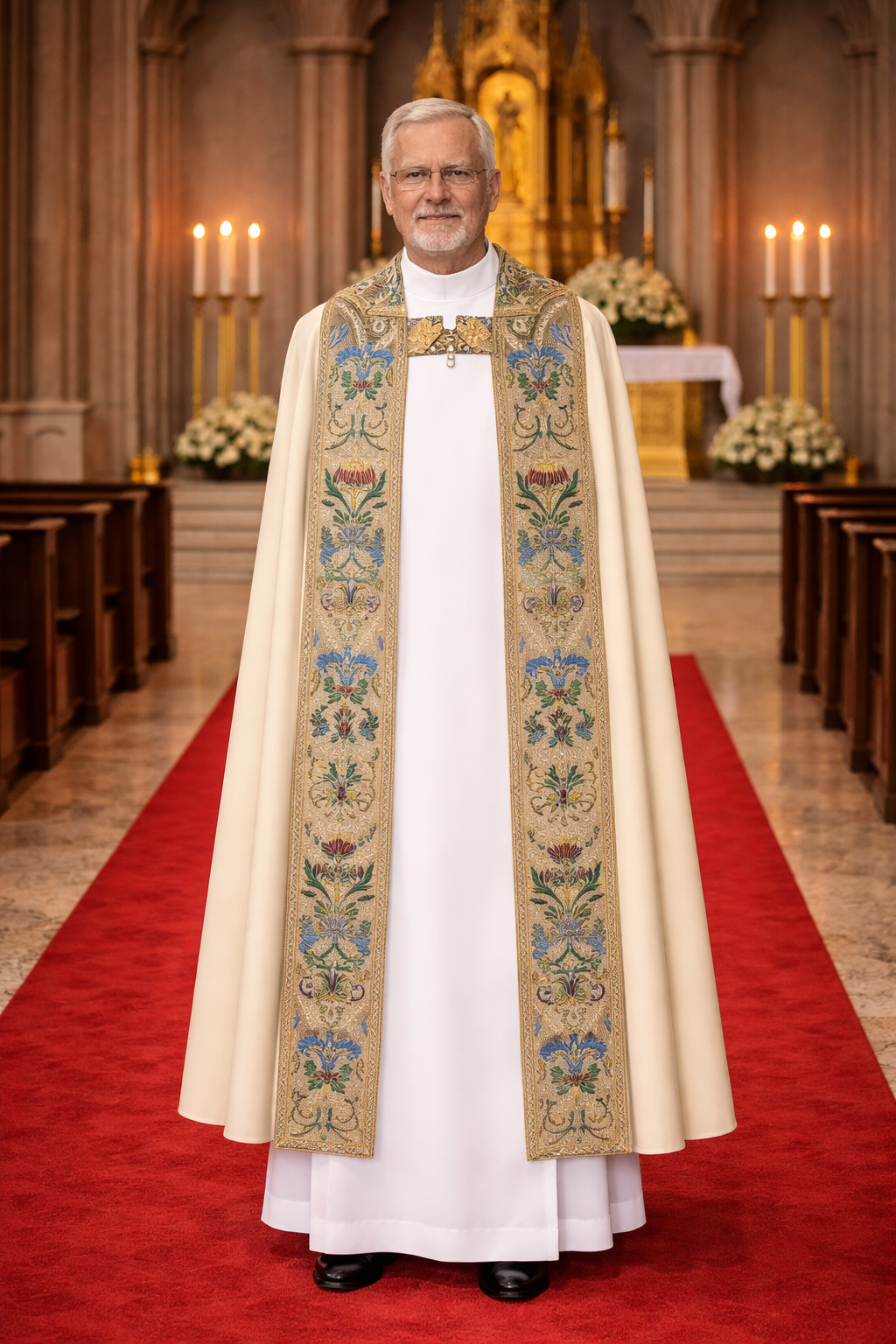 Priest in ornate coronation cope vestments standing on a red carpet in a church setting