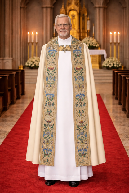 Priest in ornate coronation cope vestments standing on a red carpet in a church setting